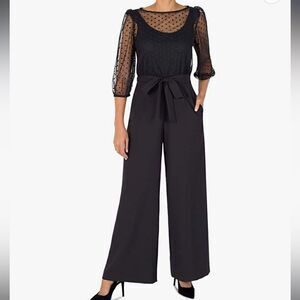 Julia Jordan Women's Puff Sleeve Boat Neck Jumpsuit With Dot Overlay Mesh Top
